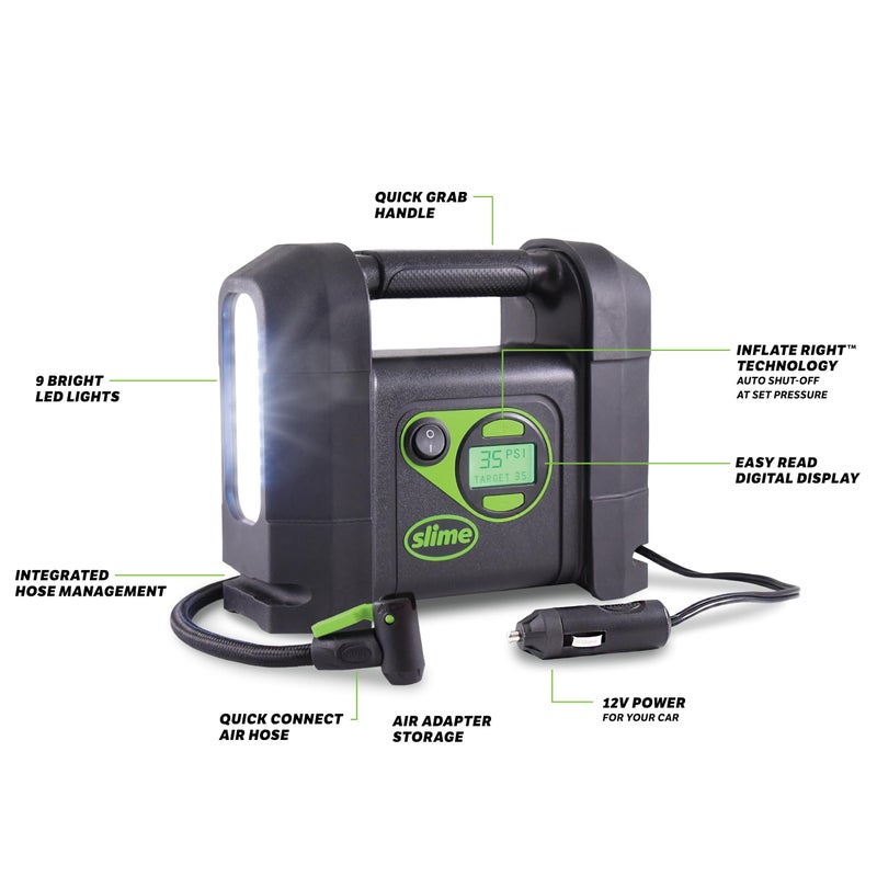 Slime 40047 Tire Inflator, Portable Car Air Compressor, Rugged, Inflate Right automatic shut off, with Digital 99 psi Display, Long Hose and LED Light, 12V, 4 min inflation - Image 5